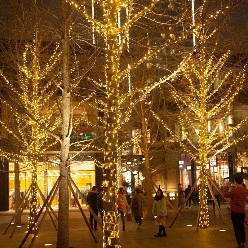 Warm white IP65 LED string lights wrapped around trees in an outdoor commercial plaza