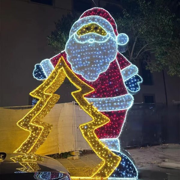 Illuminated Santa figure beside a golden Christmas tree-shaped opening
