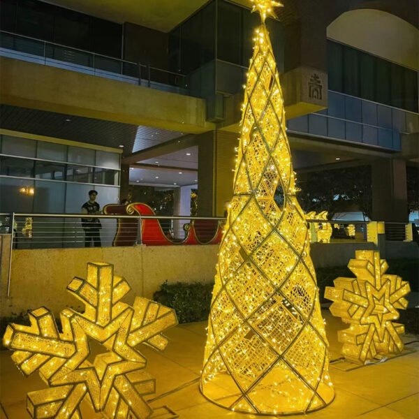 Tall illuminated conical tree with diamond lattice bands and a star topper, flanked by decorative snowflake motifs