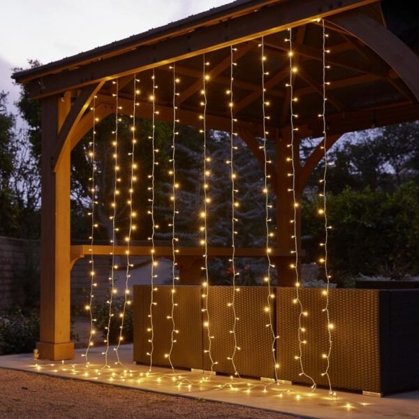 Warm white curtain strands across a wooden gazebo in front of woven garden seating