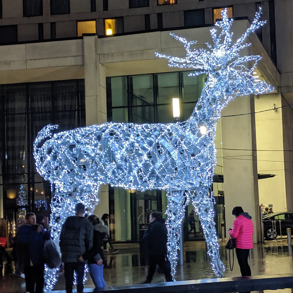 Large white-looking illuminated deer with crossing ribbon-like body details and branching antlers outside a commercial building