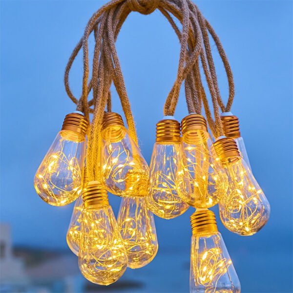 Bundled pear-shaped Edison pendants with warm illuminated strands and cord-like drops against a blue background