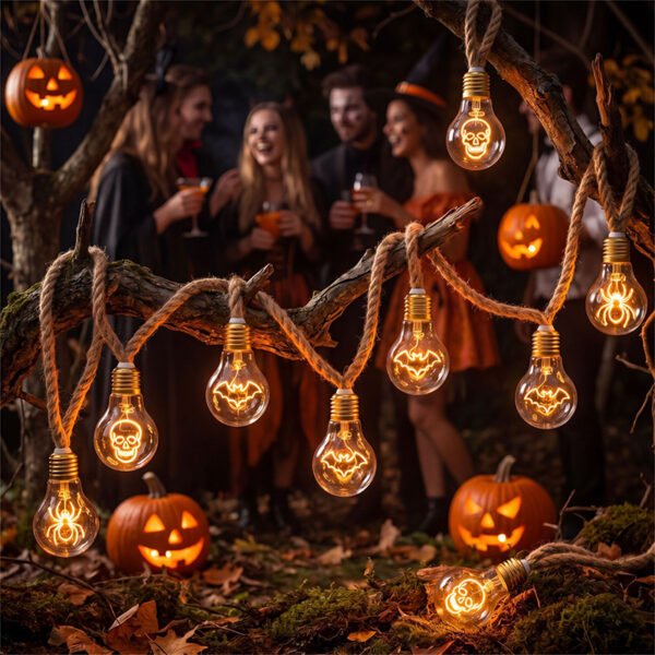 Warm bat skull and spider Edison motifs hanging among rustic branches with pumpkins and an autumn gathering behind