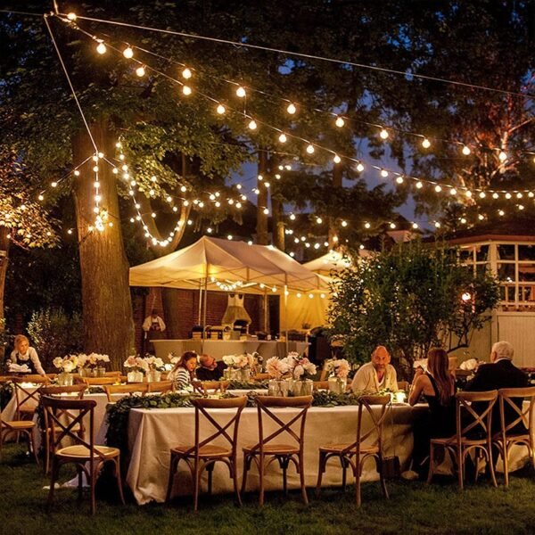 Warm globe Edison strands above long banquet tables on a tree-framed lawn with a covered service area