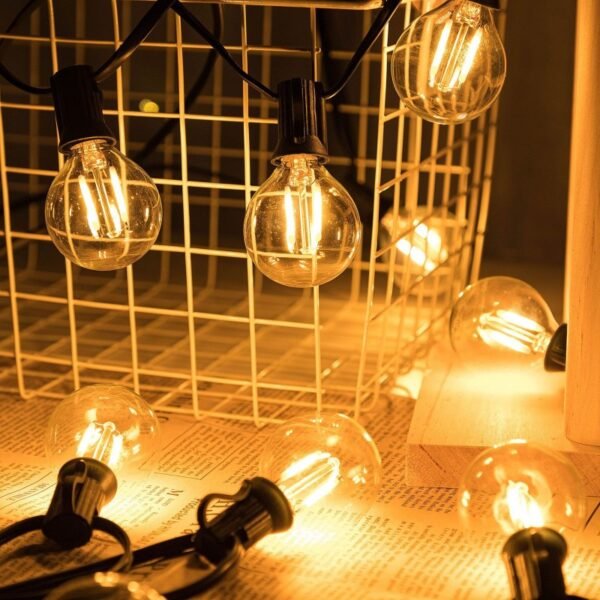 Warm glowing clear round Edison globes with visible filament-style elements beside a wire grid display