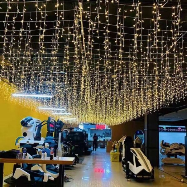 White icicle lights arranged in a decorative hanging installation