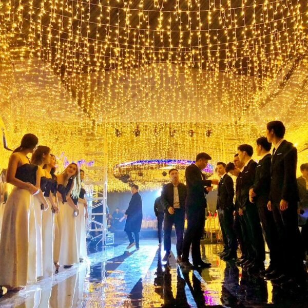 Warm white hanging icicle canopy over a reception entrance