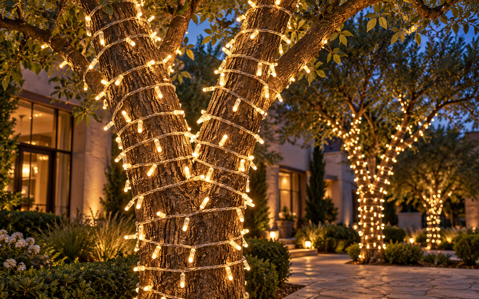Warm white clear-cable LED string lights wrapped around tree trunks in a hotel courtyard at dusk