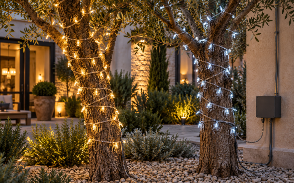 Warm-white and cool-white clear-cable LED string lights on courtyard trees with leads routed to an outdoor power box