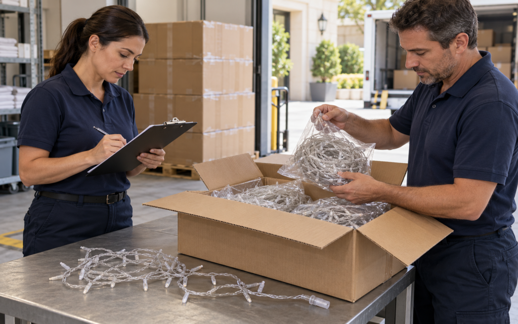 Receiving staff checking boxed clear-cable LED string lights against delivery paperwork with all lights disconnected