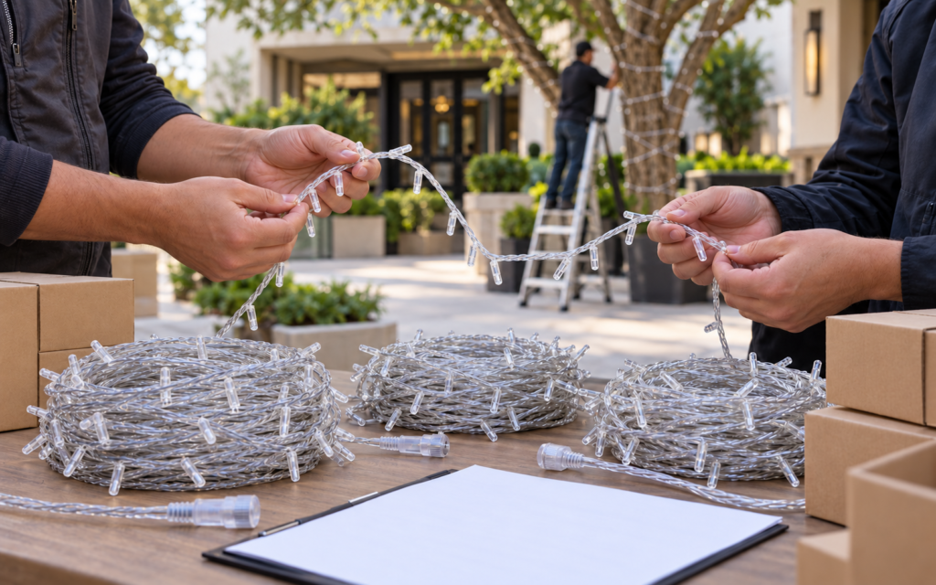 Installers comparing disconnected clear-cable LED string light samples and accessories before ordering